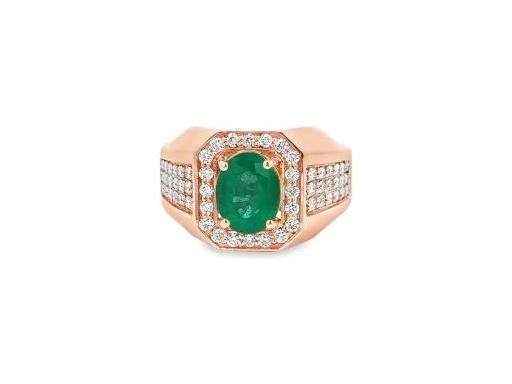 18K Rose Gold Men's Ring with Natural Oval Emerald and Natural Round Diamond Halo